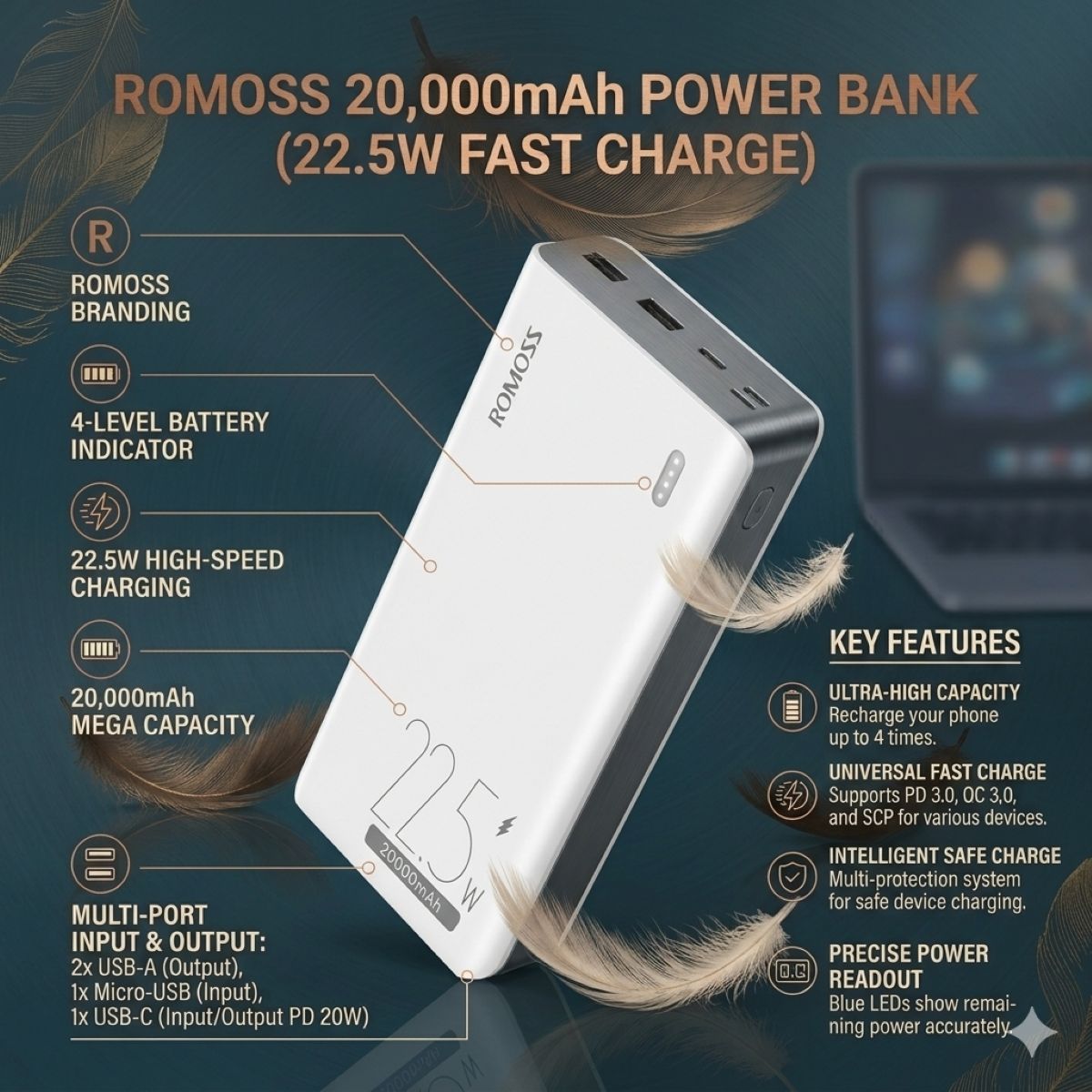 Power bank 20000 mah fast charging with LCD Display – USB-C Portable Charger for Mobile