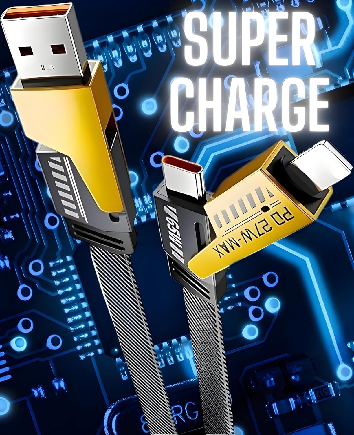 4 in 1 USB C Fast Charging Cable with 60W PD, Data Transfer, Type C, Micro USB and IOS Light-ning Compatibility, 1 Meter