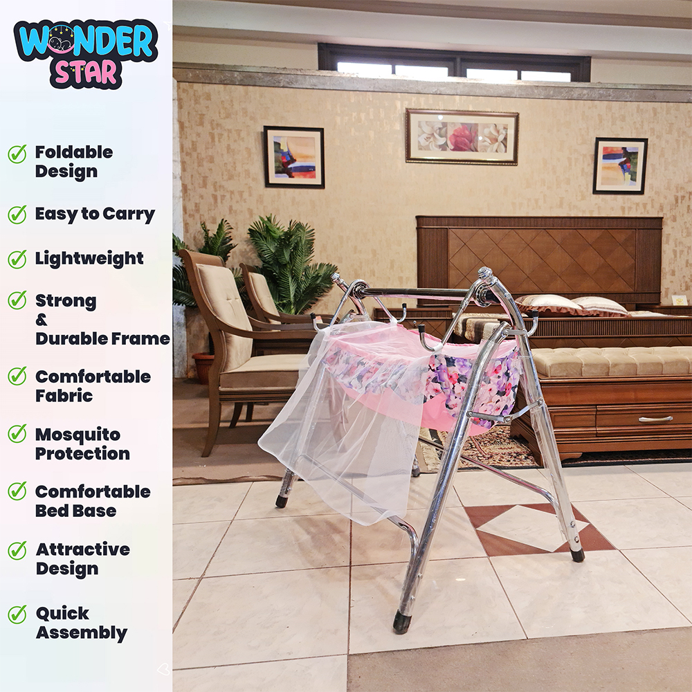 Wonder Star Premium Foldable Baby Cradle Jhoola  Chulungi Style with Mosquito Net  Portable Baby Cot  Chrome Coated Frame  Model 099