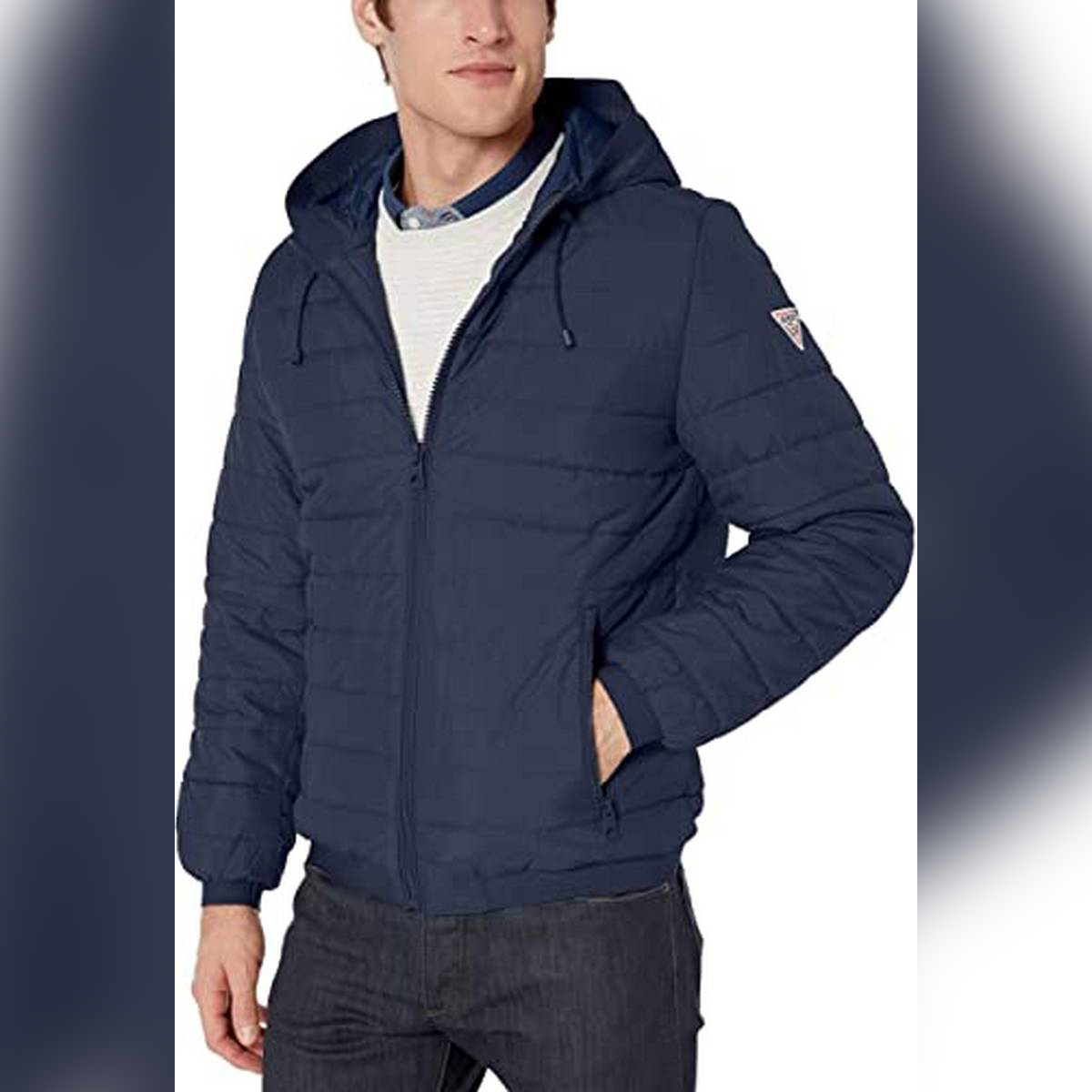 blue hooded jacket
