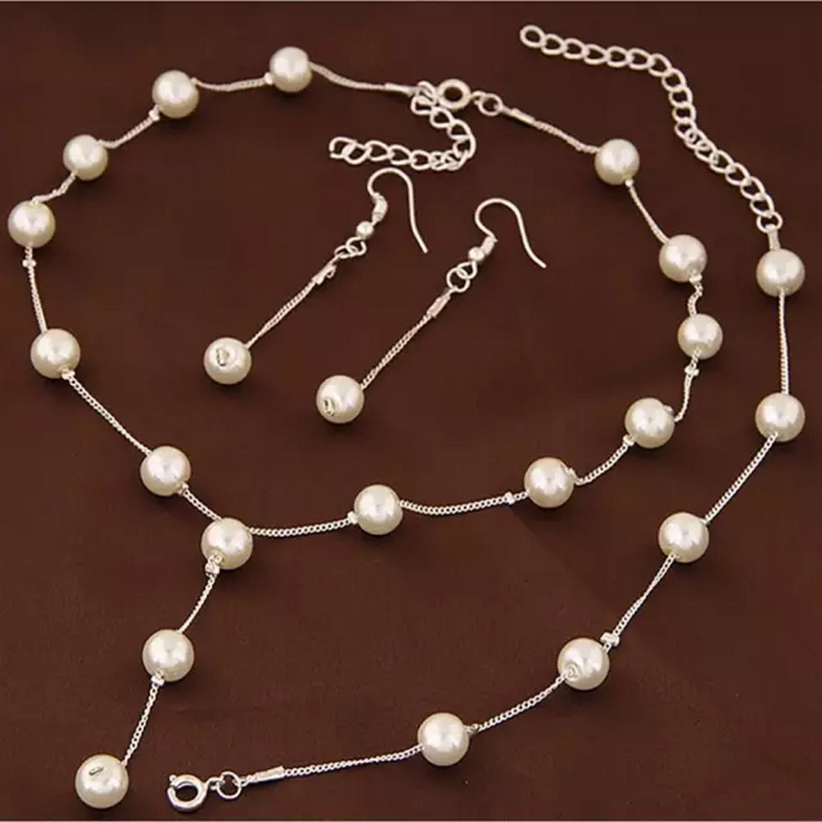 Wedding Pearl Necklace, Bracelet & Earrings Jewelry Set For Girls