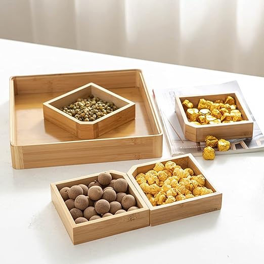4 Compartments Bamboo Wooden Divided Serving Tray With Lid