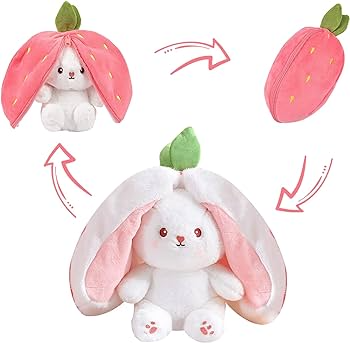Bunny Stuffed Animal Plush Reversible Strawberry Bunny Plush Doll With Zipper Cute Room Decoration Toy For Kids Gift.