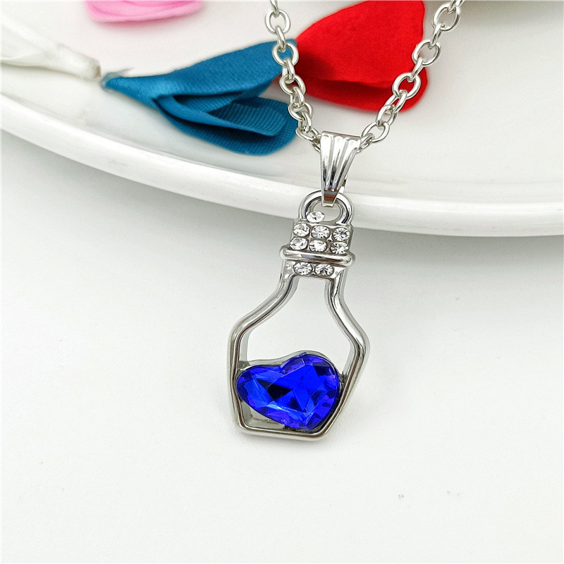 Crystal Heart Pendant Necklaces For Women Hollow Drift Bottle Fashion Jewelry Pink and Blue Color