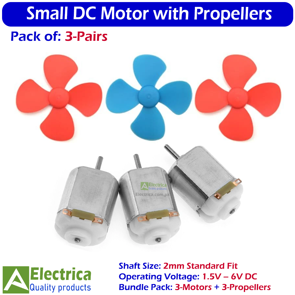 3pcs Small DC Motor with 2mm Shaft + 3pcs Propellers for DIY, Toys, Arduino & Robotics Projects by Electrica