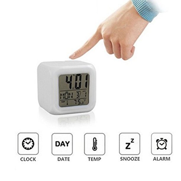 Digital Table Alarm Clock 7 Lights Color Changing Big Size All In One Alarm Time Temperature & Calendar Digital Display Battery Operated Glowing LED Table Alarm Clock