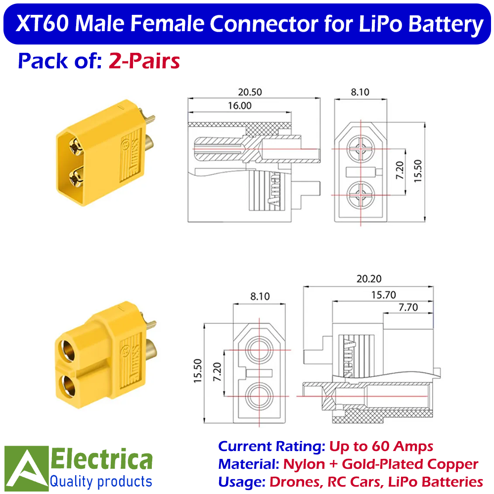 2 Pairs XT60 Power Connector Male Female Plug for 60A High Quality FPV Drone, RC Car, Battery Pack by Electrica