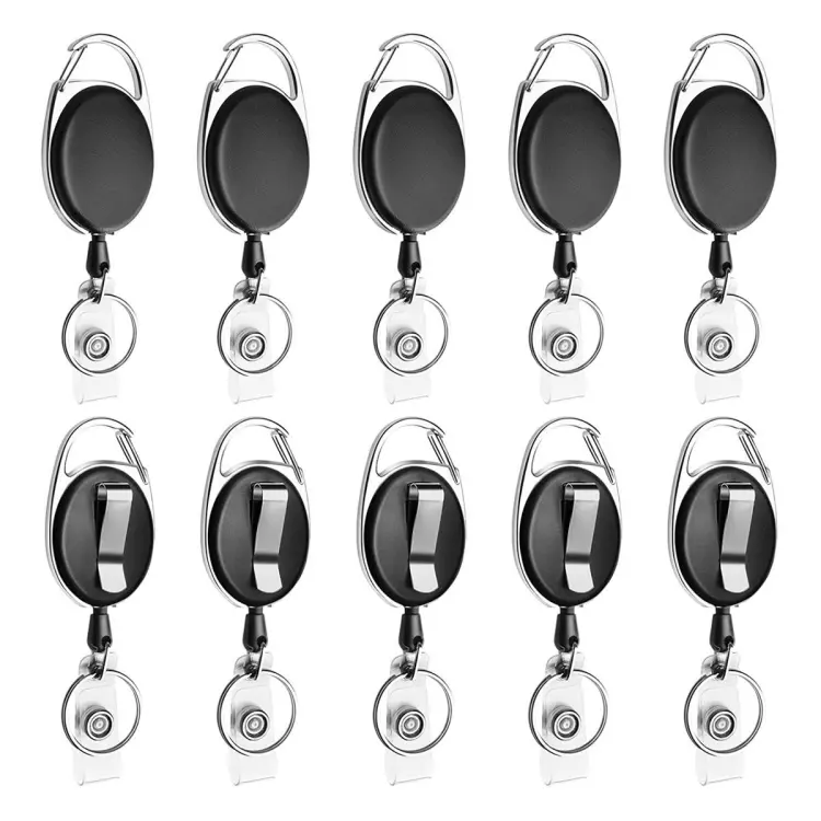 10 Pack Retractable Badge Reel with Carabiner Belt Clip and Key Ring for ID  Card Key Keychain Badge Holder Black