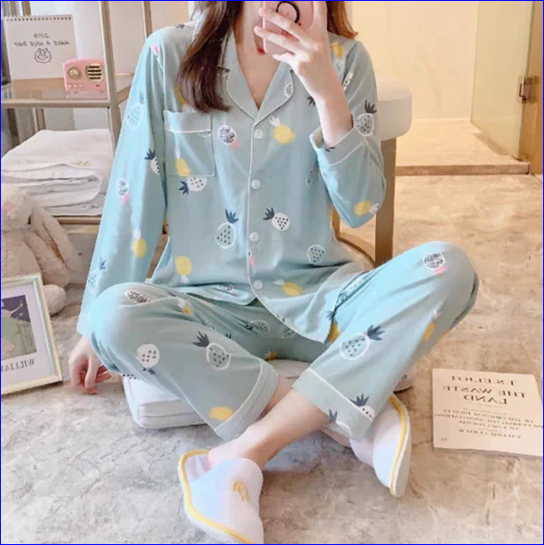Cherry Blossom Warm Full Sleeve Night Dress (Blue)