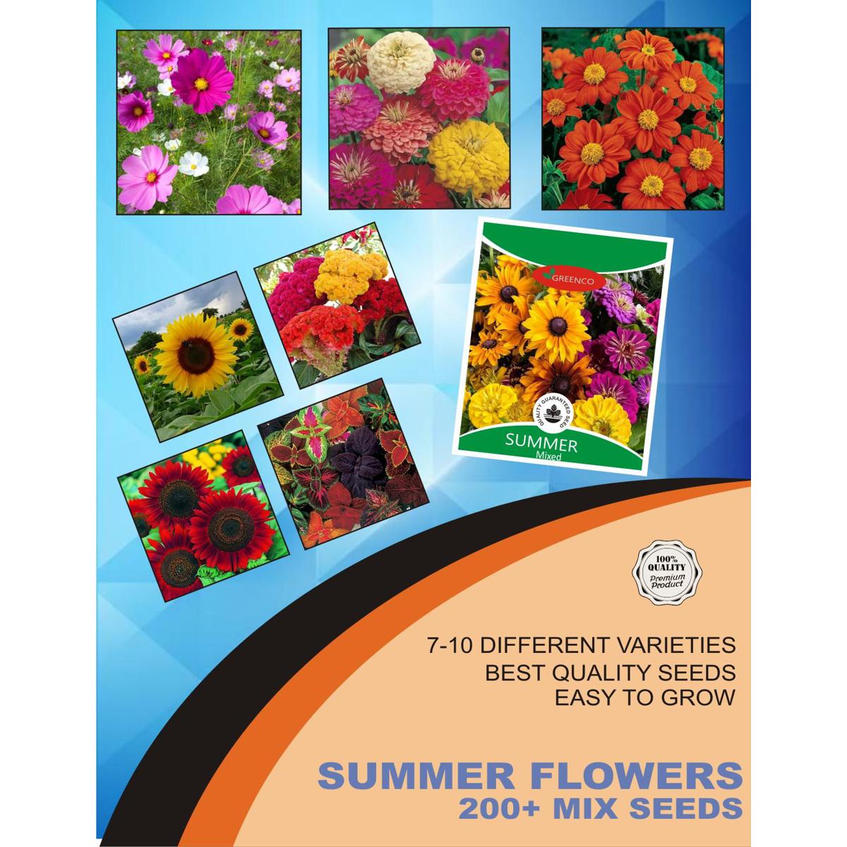 Qty 200+ GREENCO Summer Spring Season Mix Varieties Flower Seeds