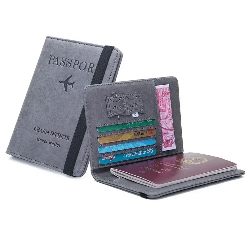 Leather passport holder with elastic band, travel passport holder, wallet for men and women, document and card case