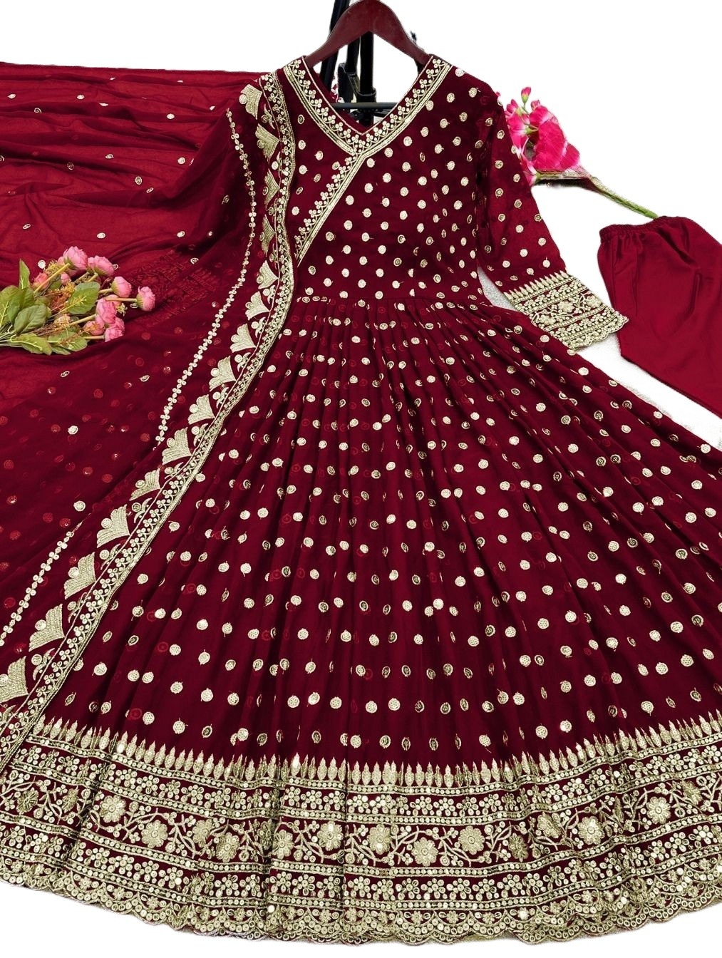 Embroidered Dress -- Stitched Heavy Embroidery Long Maxi -- Chiffon Dresses -- Border And Neck Embroidery Handwork Long Maxi -- Ful Emb Dupatta 3Pcs -- Women & Girls