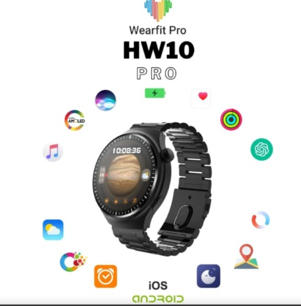 Wearfit Pro HW10 Smartwatch with 360° Resolution AMOLED Screen, GPS, NFC, Heart Rate, Bluetooth, IP68 Water Resistant - Elegant Design