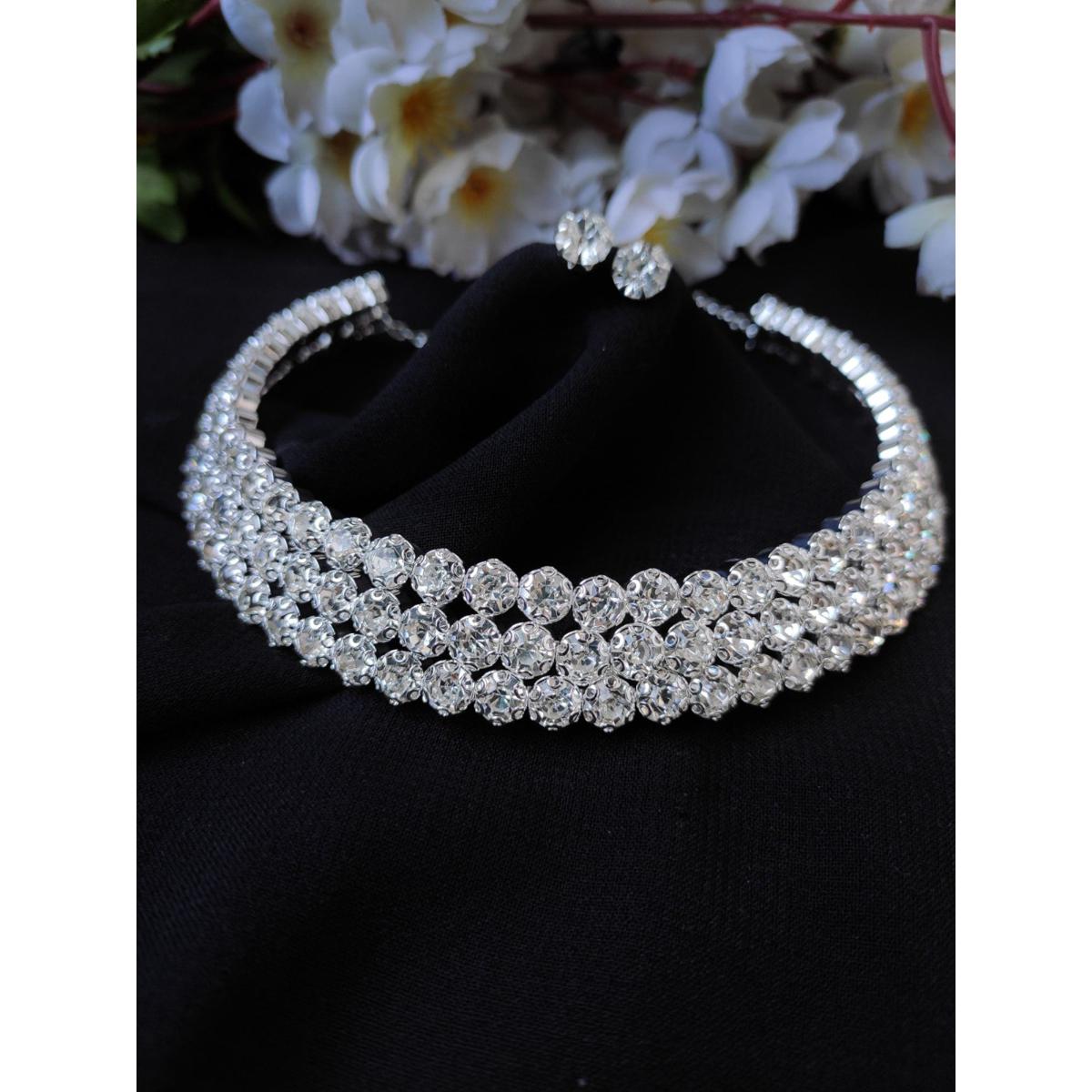 2 Layer Silver Stone Choker Set/Beautiful  Necklace Set Jewelry For Girl and WomenÂ