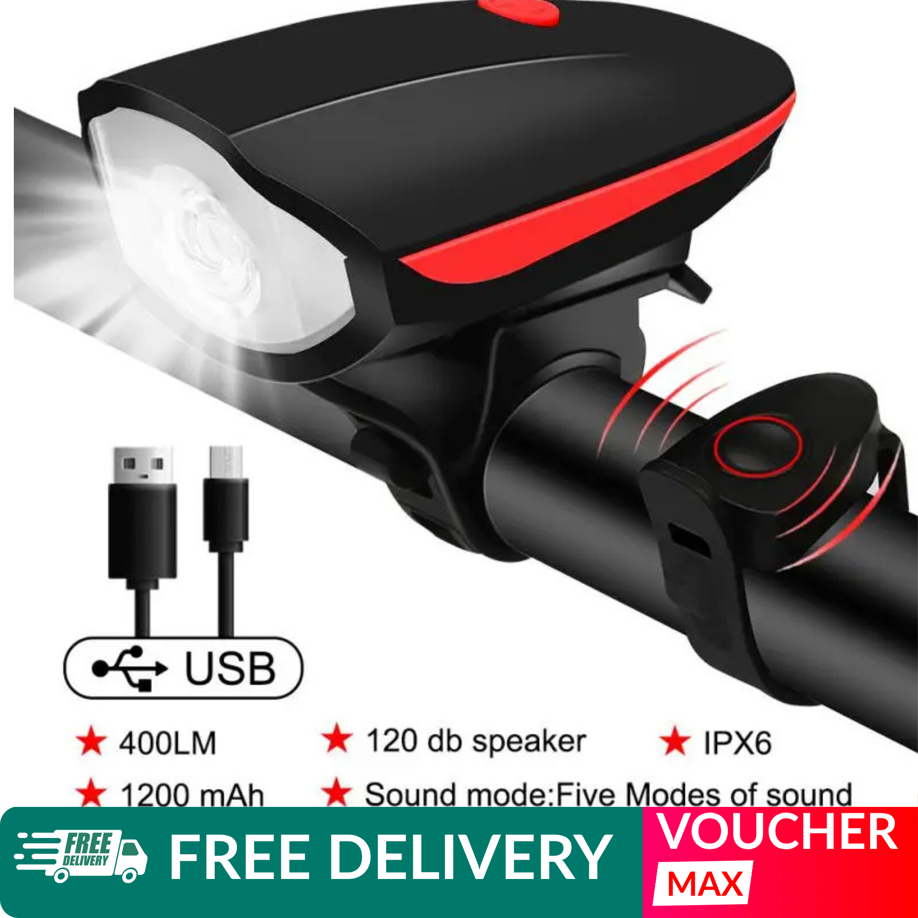 Rechargeable Bicycle Front Light With Loud Horn 5 LED Bike Headlight USB Flashlight Waterproof Cycling Accessory