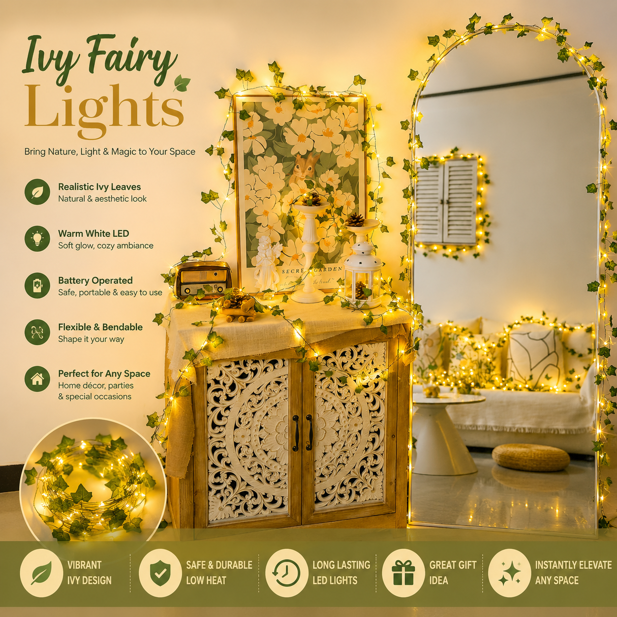Artificial Plant Leaves Bail with 10 ft Fairy Lights Battery Operated - Money Plant Bail for Room Decoration, Wall Hanging Flower Lights