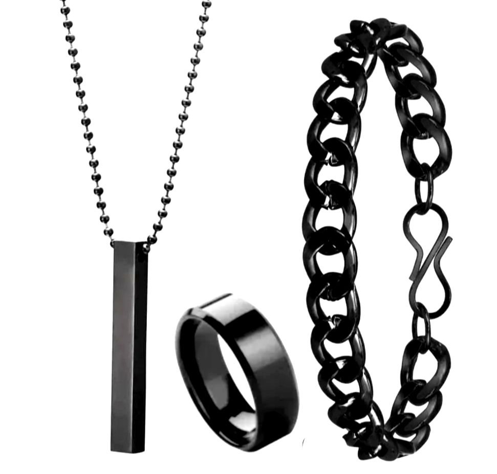 PACK OF 6 MEGA DEAL FASHION STAINLESS STEEL | BLACK 3D-BAR STICK LOCKET + TITANIUM RING + CUBAN LINK CHAIN BRACELET FOR BOYS AND GIRLS | TRENDY JEWELRY SET FOR MEN AND WOMEN