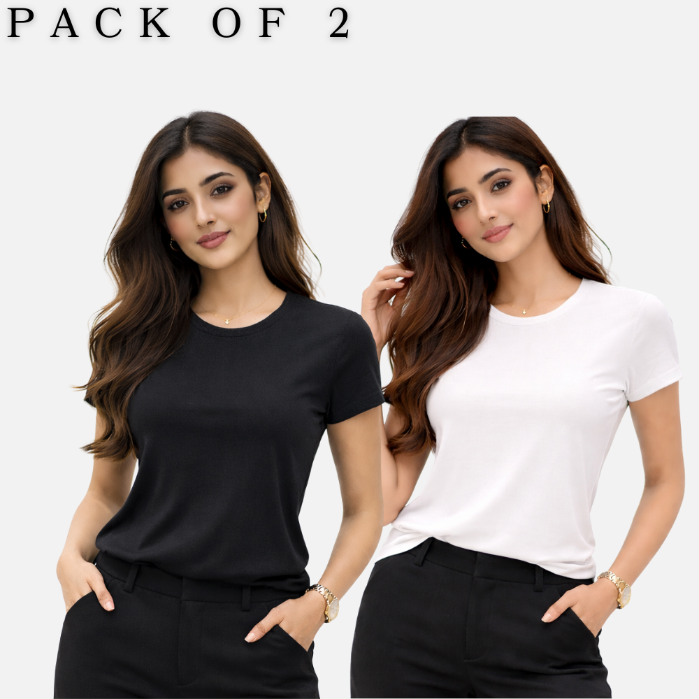MK Garments - Pack Of 2 Basic Half Sleeves TShirt Round Neck Cotton Jersey Tops T- Shirts Casual Wear T Shirt For Girls