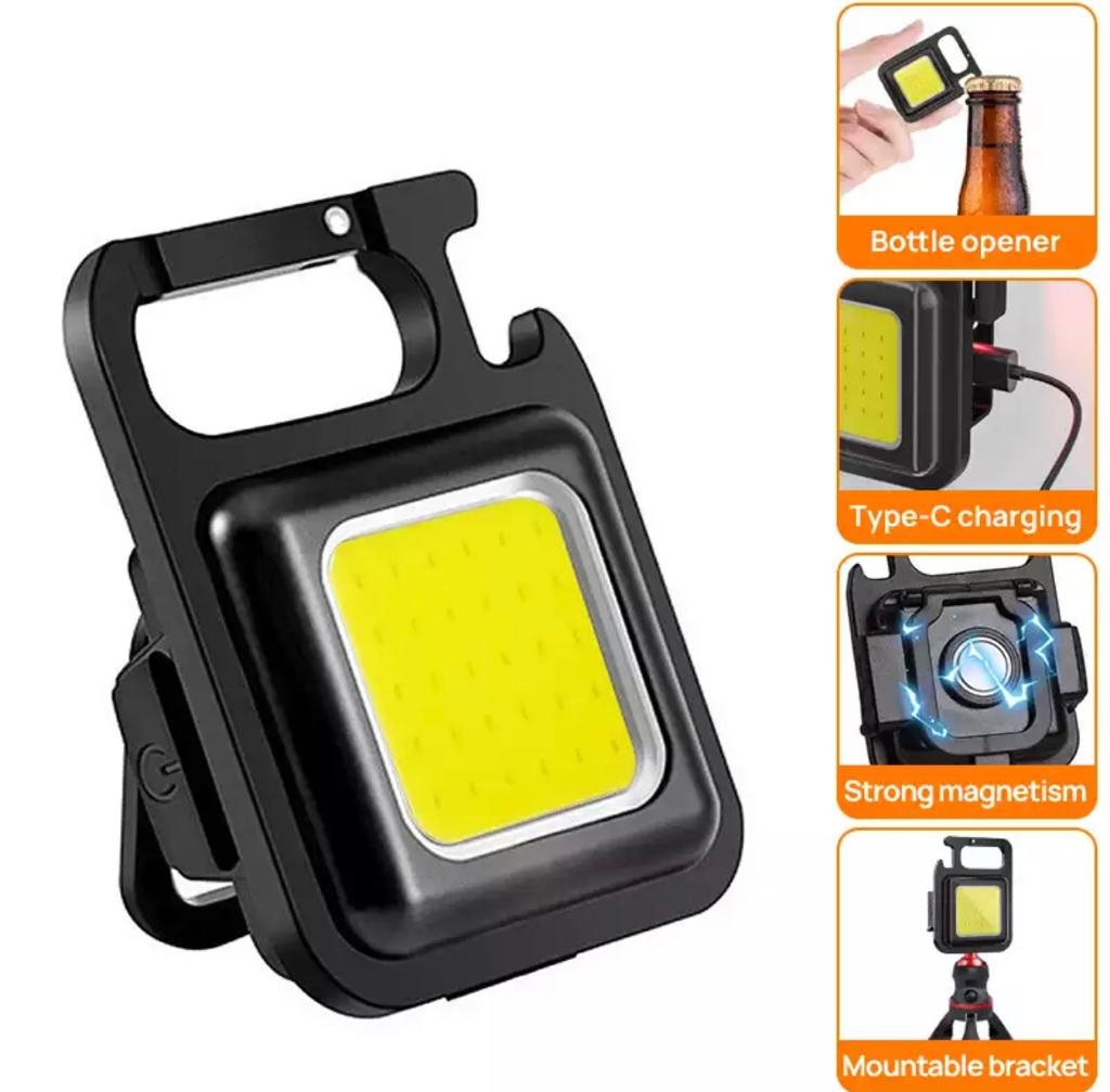 New Multifunction COB Rechargeable Keychain Mini Small High power Flashlight 3 Light Modes Portable Pocket work Light Key chain with Collapsible Folding Bracket Bottle Opener and Strong Magnet Base for Fishing Walking,Outdoor Recreation Hiking and Camping
