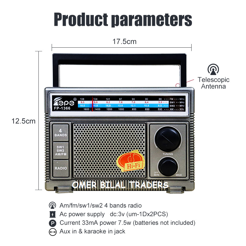 Portable 4 BAND AC/DC RADIO (AM/FM/SW1/SW2) Outdoor Radio Speaker Good Signals and Strong Reception