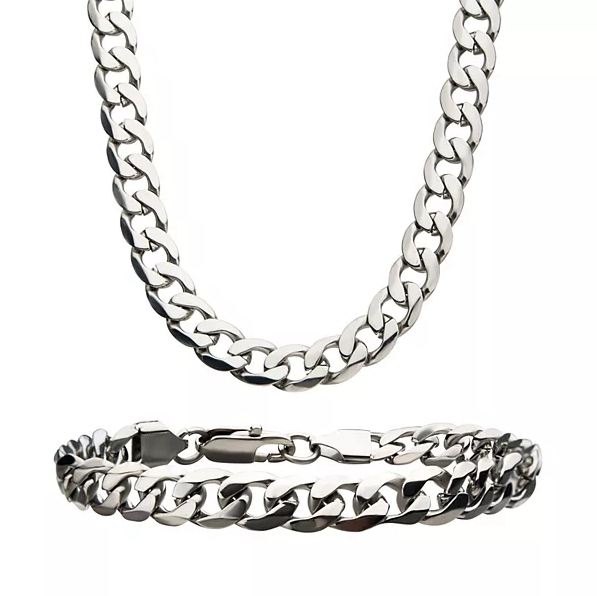 Pack of 2 Silver Stainless Steel Cuban Link Neck Chain and Wrist Bracelet Band for Men / Boys
