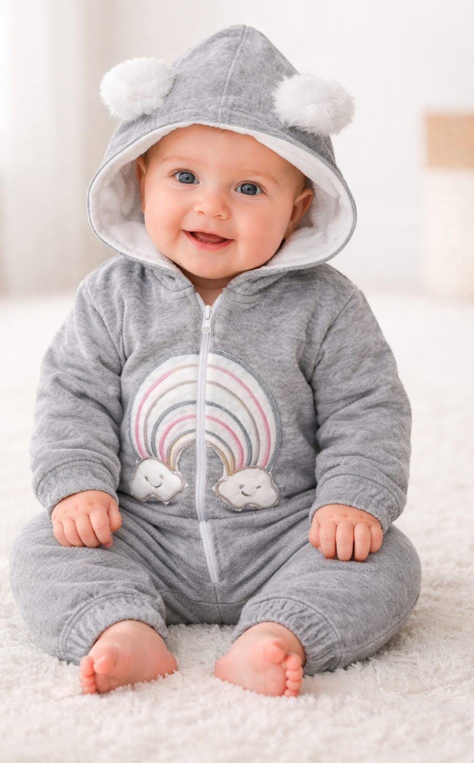 Baby Winter Hooded Romper / Onesie – Soft Plush Fleece with Rainbow Embroidery & Bear-Ear Hood, Zip-Front Footed Jumpsuit (Sleep Suit) for Cold Weather & Travel – Cozy Unisex Newborn Snowsuit – Sizes 0–3, 3–6, 6–9 Months