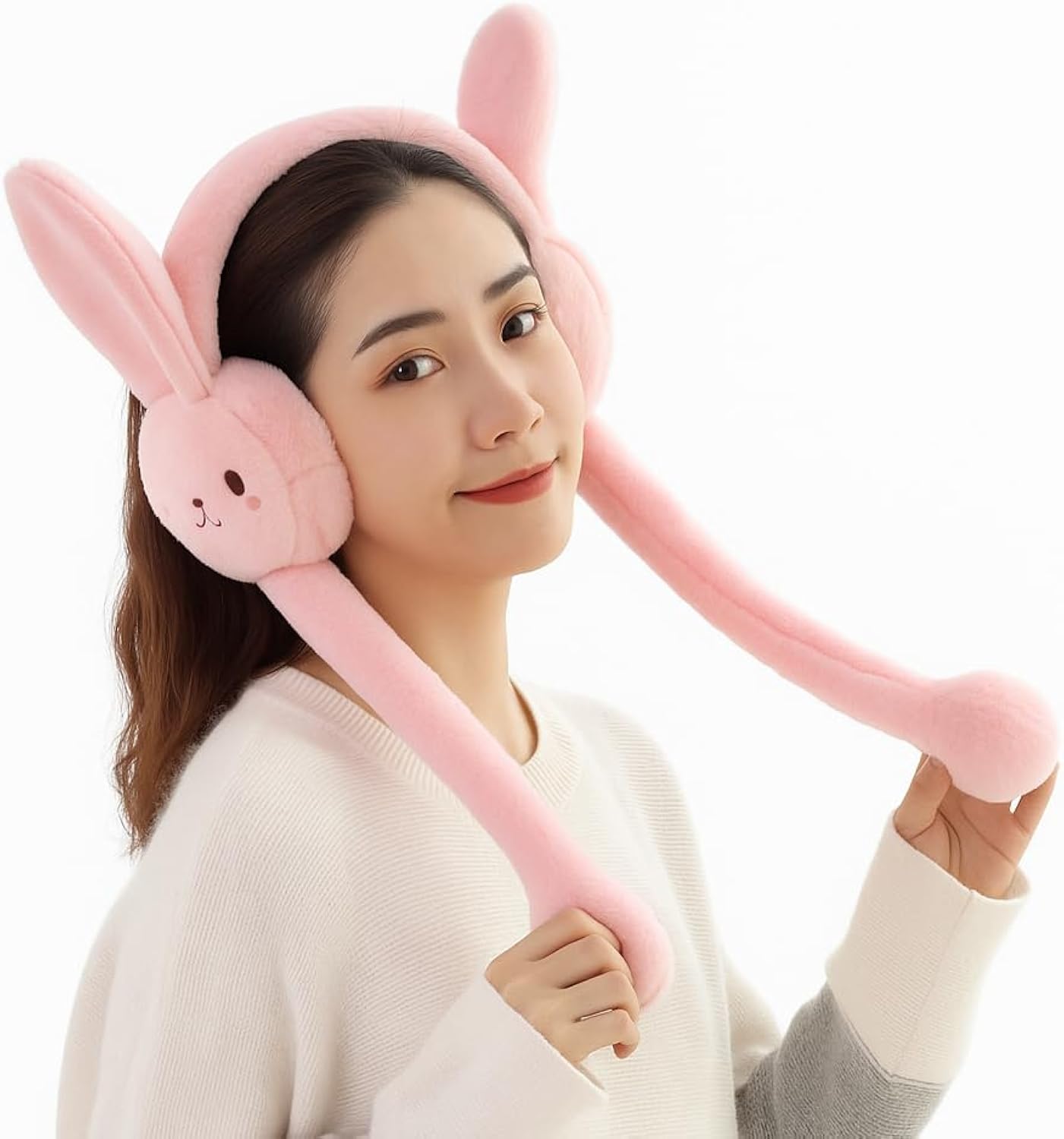 Kids Winter Bunny Earmuffs Plush Faux Fur Ear Warmers | Moving Ears Chu Chu Sound | Cute Warm Ear Muffs for Girls Boys Women Cold Weather