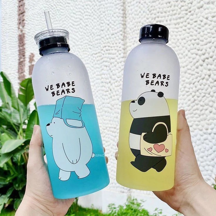 1000Ml We Bare Bear Water Bottle Panda Cup Transparent Water Bottle Drinkware Cup Frosted Plastic Water Bottle With Straw Leak-Proof
