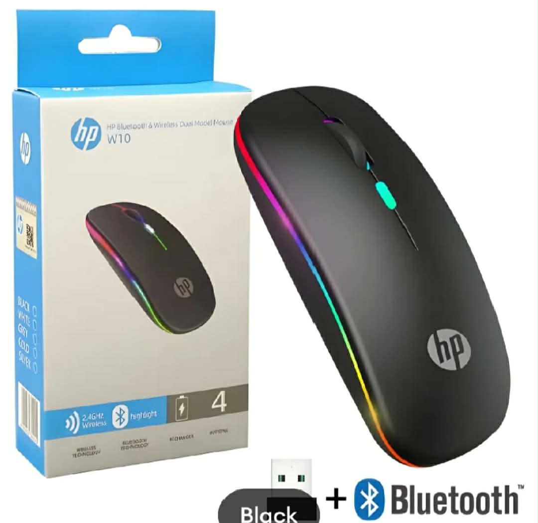 HP W10 Wireless Rechargeable Mouse Dual Mode | Bluetooth & 2.4GHz | Silent Click Adjustable DPI | Slim Ergonomic Optical Gaming & Office Mouse for PC Laptop Computer