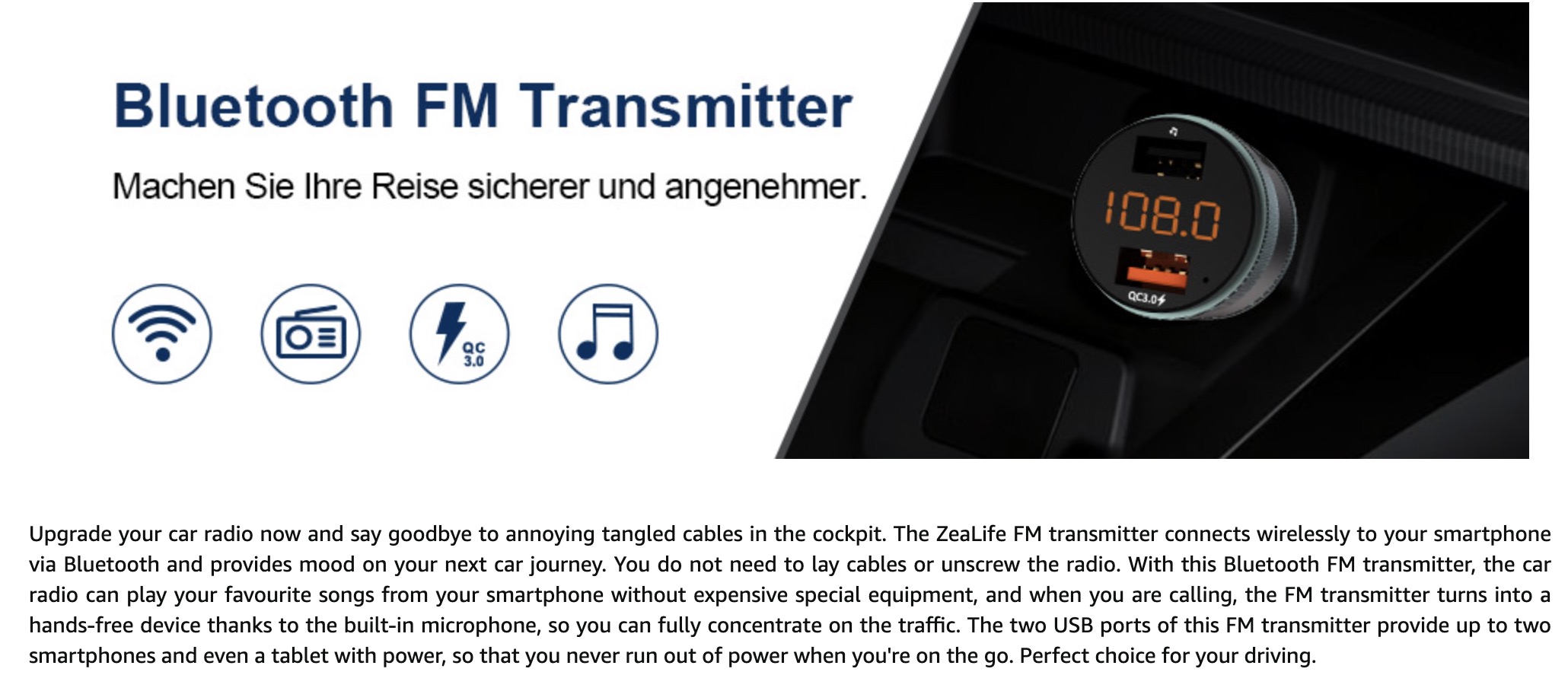 Knocery Bluetooth FM Transmitter - Auto Adapter Mit QC3.0 Ladung