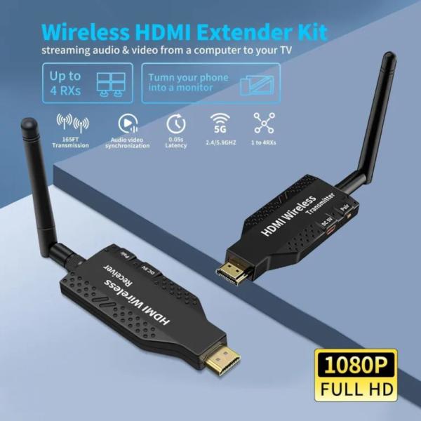 100M/50M WIRELESS HDMI EXTENDER 1080P VIDEO TRANSMITTER RECEIVER  Wireless HDMI Extender 1080P Full HD Video Transmitter & Receiver Kit Wireless HDMI Repeater for TV, Projector Monitor, PC Laptop, Camera & Gaming Console, Long Range HDMI Signal Transmiss
