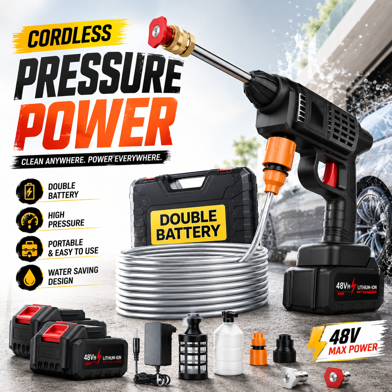 Pressure Washer  Gun – Rechargeable 48Vf Pressure Washer – Cordless Pressure Washer Gun | Portable High Pressure Car Washer Machine | Electric Water Spray Gun with Foam Bottle | Solar Panel Cleaner - Electric Pressure Pump Power Washer for Car/Fence/Walll