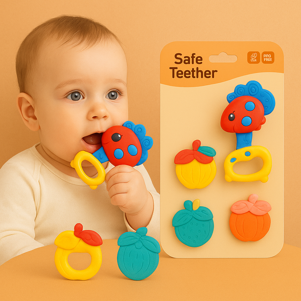 BPA Free Soft Silicone Baby Teether Toy 4 Pcs Set - Infant Kids Rattle Toys for Unisex Newborn and Toddler Hand Holding babies Colorfull Rattles