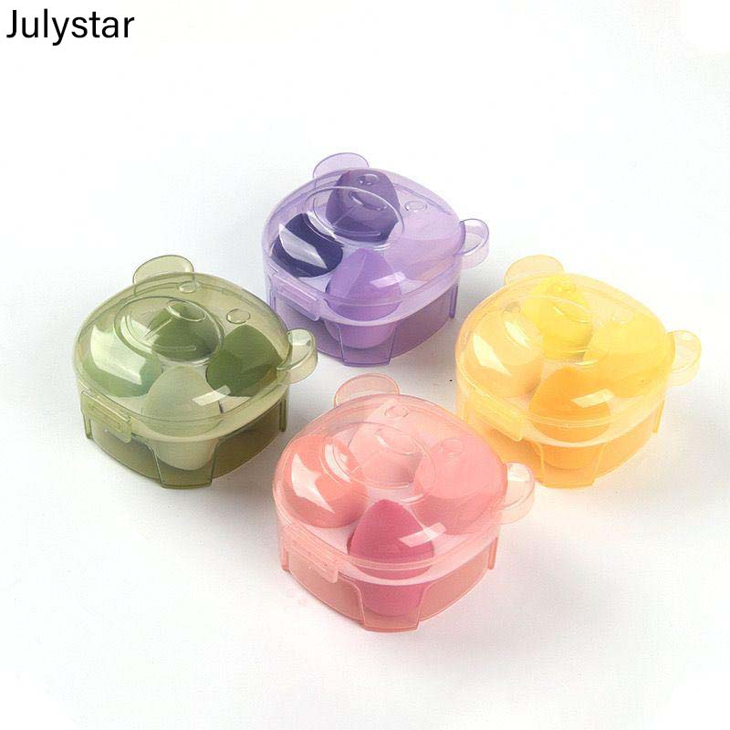 Julystar 1 Box 4pcs Transparen Bear Box Pack Makeup Sponge 4 Color Beauty Sponges Cosmetics Puff For Girls & Women