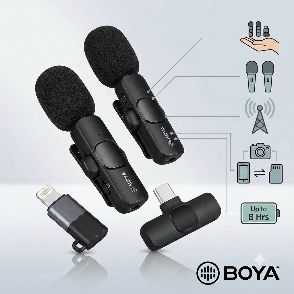 BOYA BY-MW3 Dual Wireless Lavalier Microphone | Dual-Channel Noise Cancellation | For Type-C & 8-Pin Mobile Vlogging