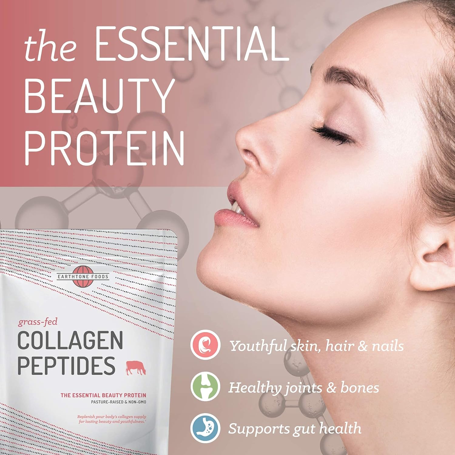 EARTHTONE Collagen Peptides Powder | Paleo-Friendly Hydrolyzed Grass-Fed Non-GMO Protein, 16 oz 454gm