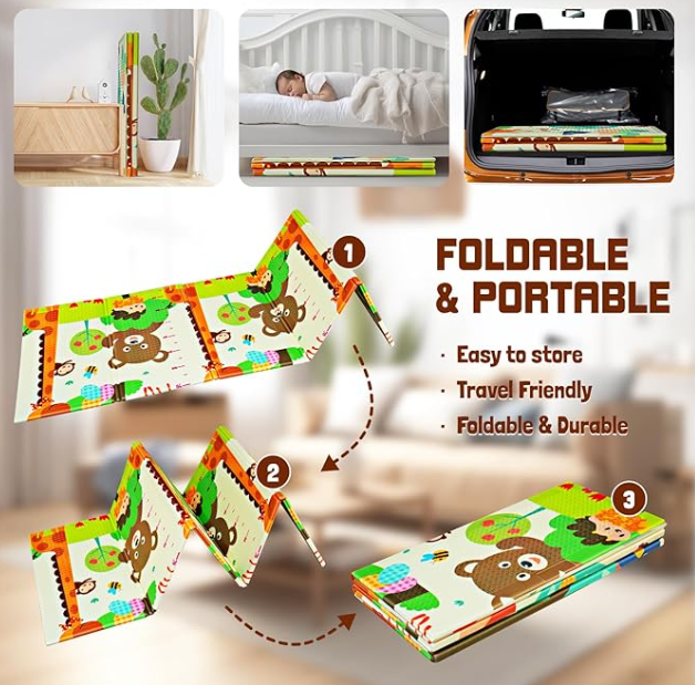 Double Sided Water-proof Foldable Baby Crawling Floor Play Mat. Multi-Purpose Floor Mat for Baby, Extra Thick Foam Mat (Assorted Prints)
