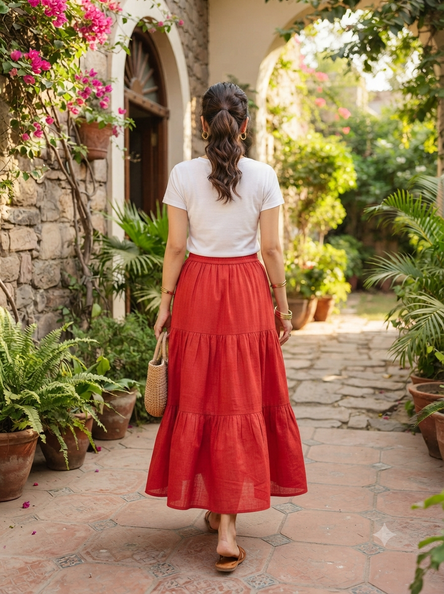 Multi Layered Tiered Summer Cotton Maxi Skirt for Women – Flowy Long Skirt with Elastic Waist (XS to XXL)