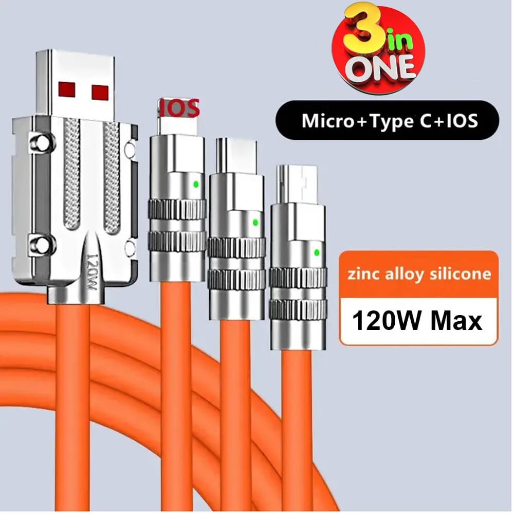 120 Watt 3 In 1 Super Fast Charging Cable Silicone Type C Micro And Lightning 120w Usb Cable Zinc Metal Alloy Mobile Phone Data Cable For Mobile