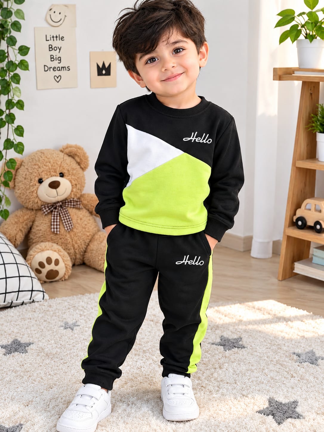 Boys Winter/Spring Casual Long Sleeve Printed Patchwork Round Neck Top And Pants Set