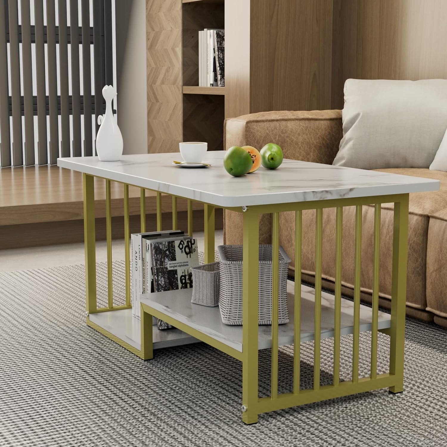 Coffee Table White Faux Marble 2-Tiers Large Rectangular Side End Table with Storage Shelf for Coffee Dinning Living Room Apartment Small Stand Modern Design Furniture Wooden for Couch