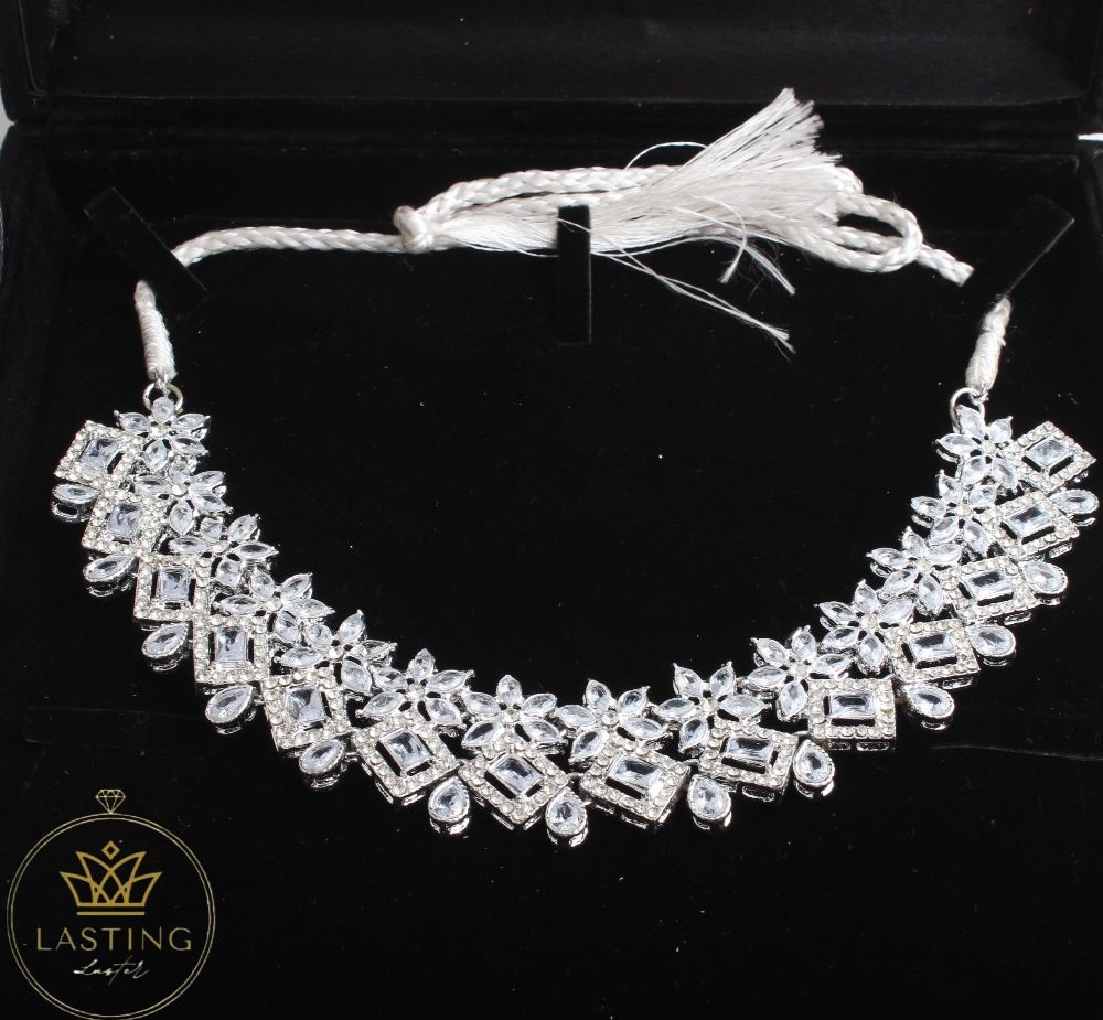 Silver Crystal Bridal Jewelry Set – Necklace, Earrings & Maang Tikka Set for Women – Wedding & Party Trending Fashion Jewelry – LL-JWL-106 | Lasting Luster