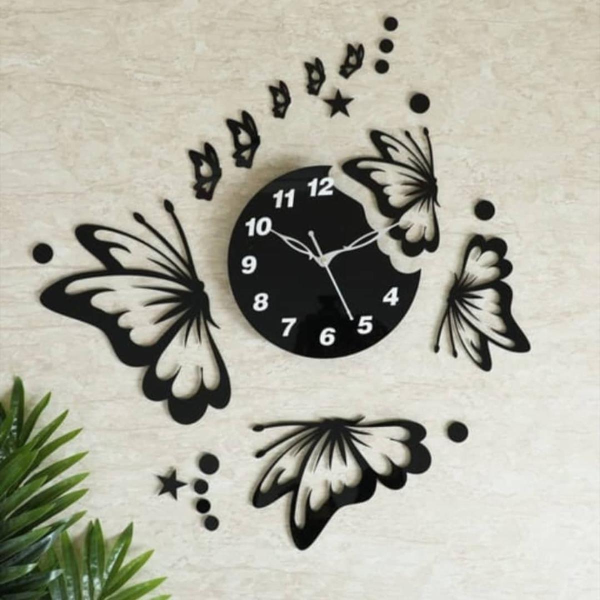 EVENTO Wooden 3D Stylish Buterfly Wall Hanging Clock Quartz Watch DIY Design Decoration For Bedroom, Home Decor Living Room And Offices And For Gifts Piece Item