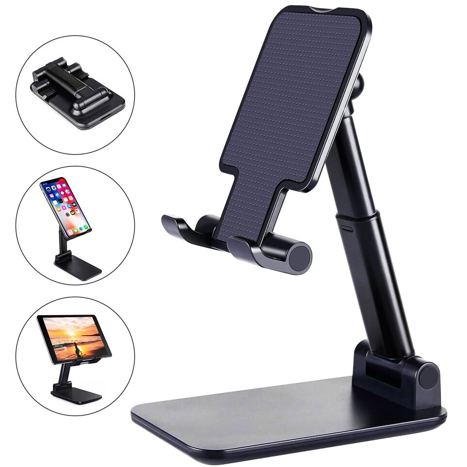 Universal Foldable Desk top Mobile Phone Stand Bracket Holder, Mobile Phone Stand Mount Adjustable Flexible Desktop Smart Phone Tablet Holder Pocket Size Product Easy to Carry for Study and Office Use Compatible with all size Mobiles (Black - White Color)