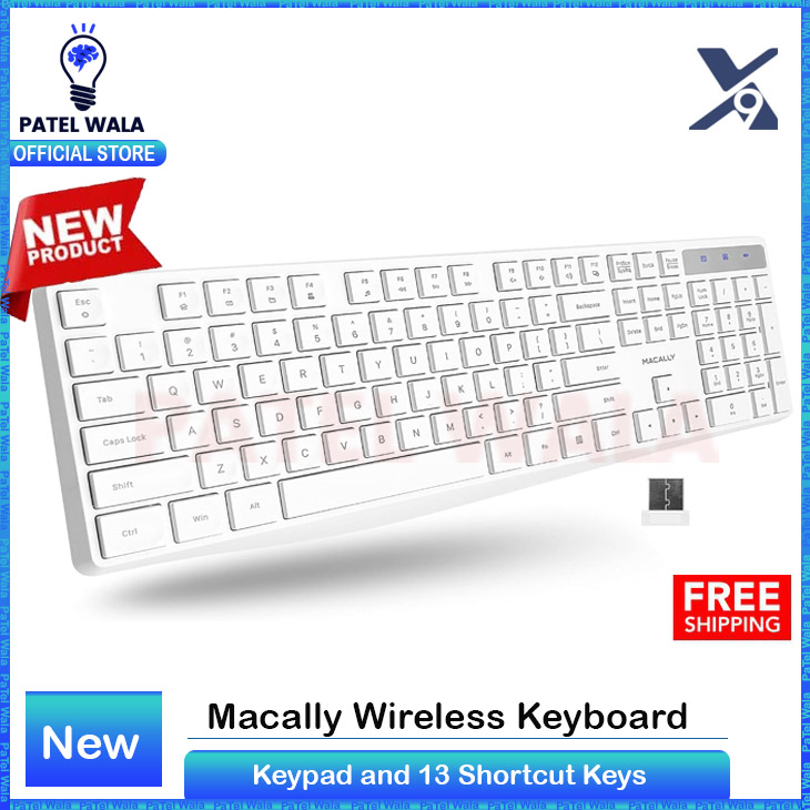 Macally Wireless Keyboard - 2.4G Ergonomic Full Size Keyboard | Numeric Keypad with 13 Shortcut Keys | Plug & Play Quiet Cordless Keyboard for Laptop & Windows PC – White