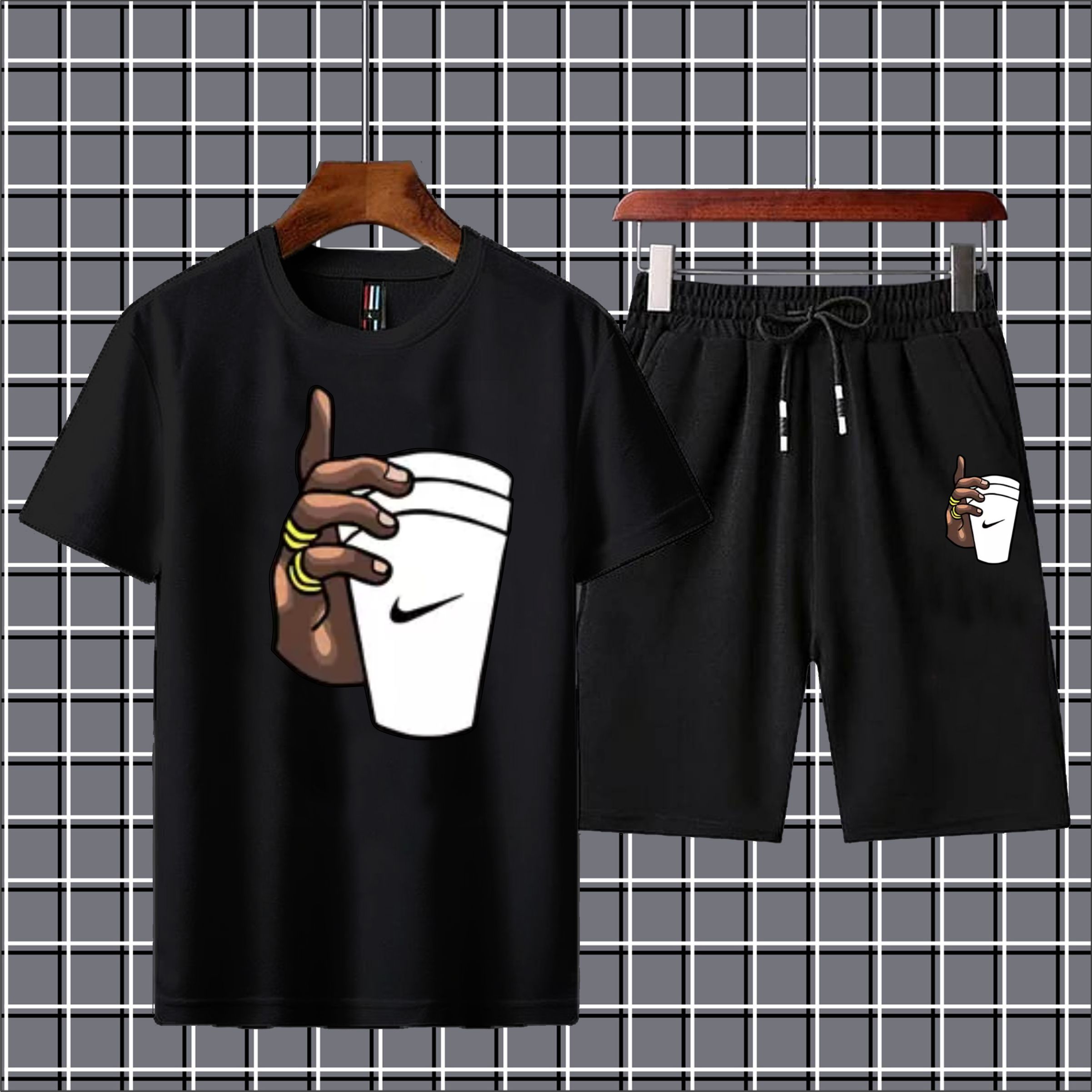 Black Hand With Cup Printed summer  Half Sleeves O Neck Shorts & Tshirt Tracksuit For Men & Boys