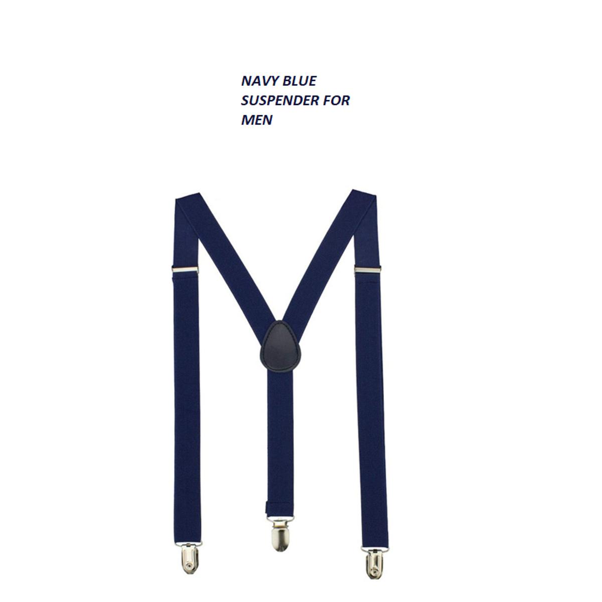 Premium Navy Blue Elastic Suspenders for Men & Women - Adjustable Y-Back Heavy Duty Gallace / Trouser Straps with Strong Metal Clips for Formal Suits, Weddings & Parties