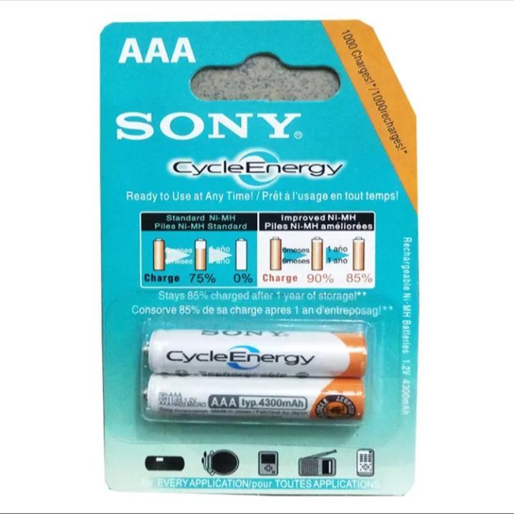 Pack of 2 AAA Sony Rechargeable Cells (Remote Size), AAA Rechargeable Battery Cell PENCIL SIZE Imported Sony Cycle Energy NiMH 1.2v 4300mAh 1000 Cycles Batteries Cells price in Pakistan