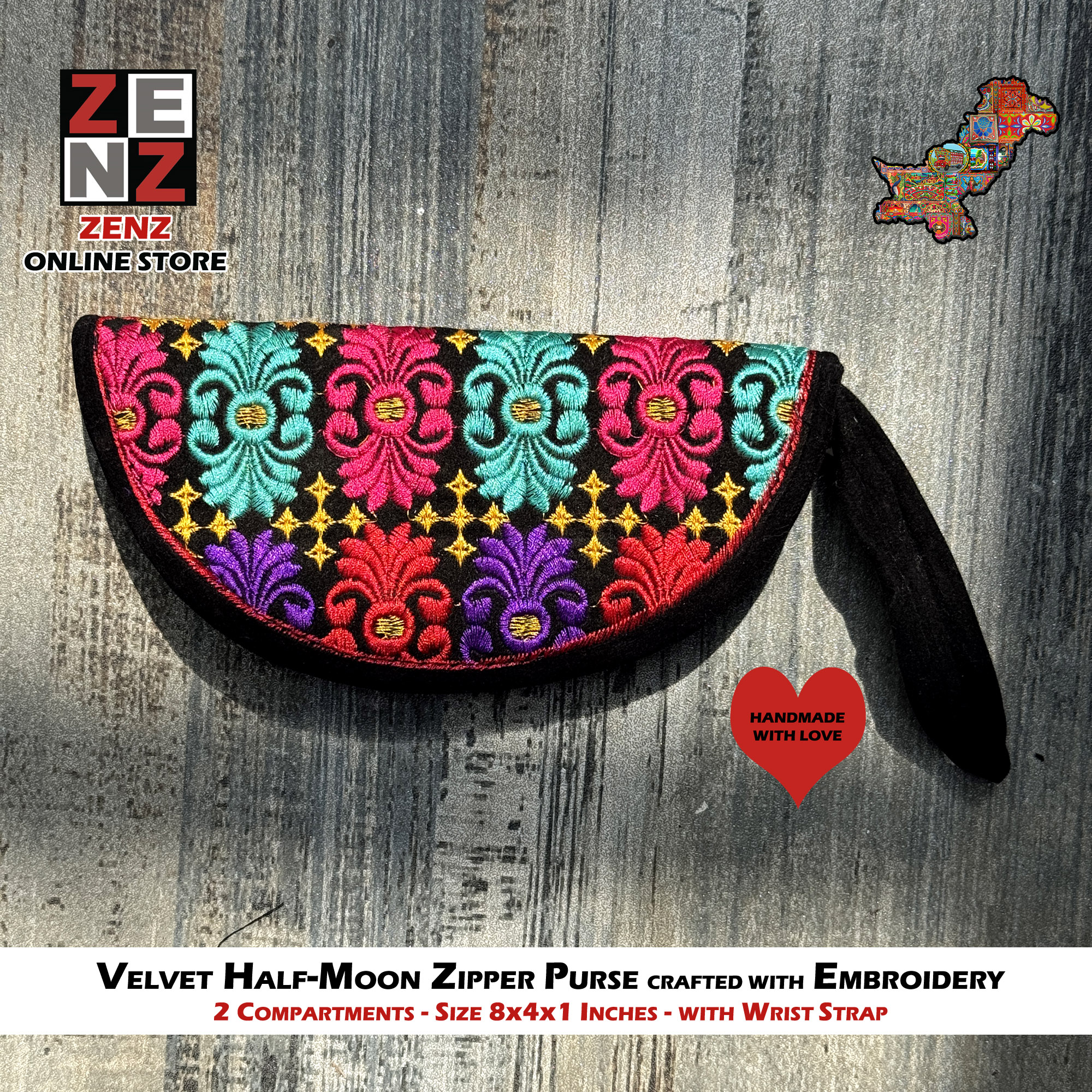 Half Moon Shaped Handmade Black Embroidered Velvet Clutch Purse Size 8x4 Inches crafted with Multicolour Embroidery by ZENZ Pakistani Traditional Vintage Fashion Wear