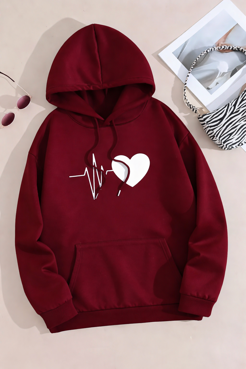 Women's Heart-Print Pullover Hoodie | Long Sleeves, Hood and Front Pocket | Multiple Designs | S-XL